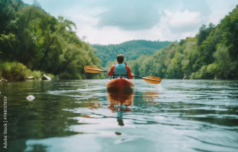 Serene river kayaking adventure with a kayaker paddling through calm waters surrounded by beautiful natural scenery and wildlife
