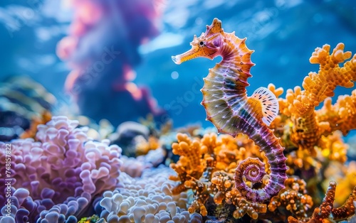 Seahorse swimming near a vibrant coral reef with a volcano erupting in the background natural wonder meets drama © Shutter2U