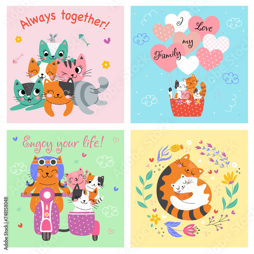 Cute card with family cats. Set Always together. Vector illustration. color background