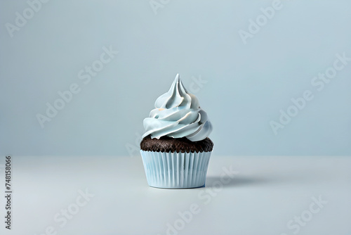 Chocolate cupcake with creamy blue frosting on a light background. Template for displaying product presentation. AI platform
