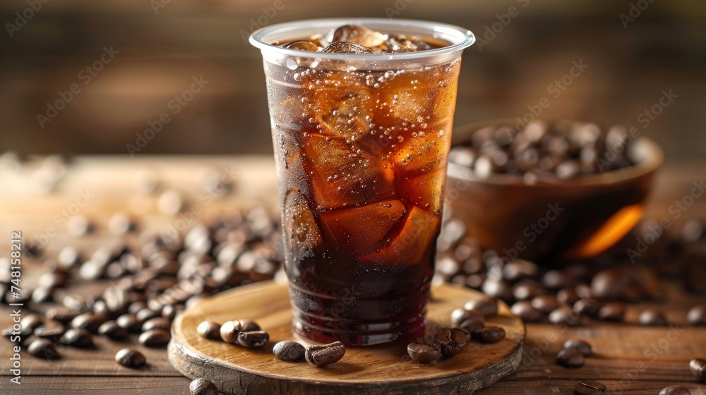 cold plastic coffee cup, Iced coffee in a plastic cup on a wooden background. cold plastic coffee cup, Iced coffee in a plastic cup on a wooden background.