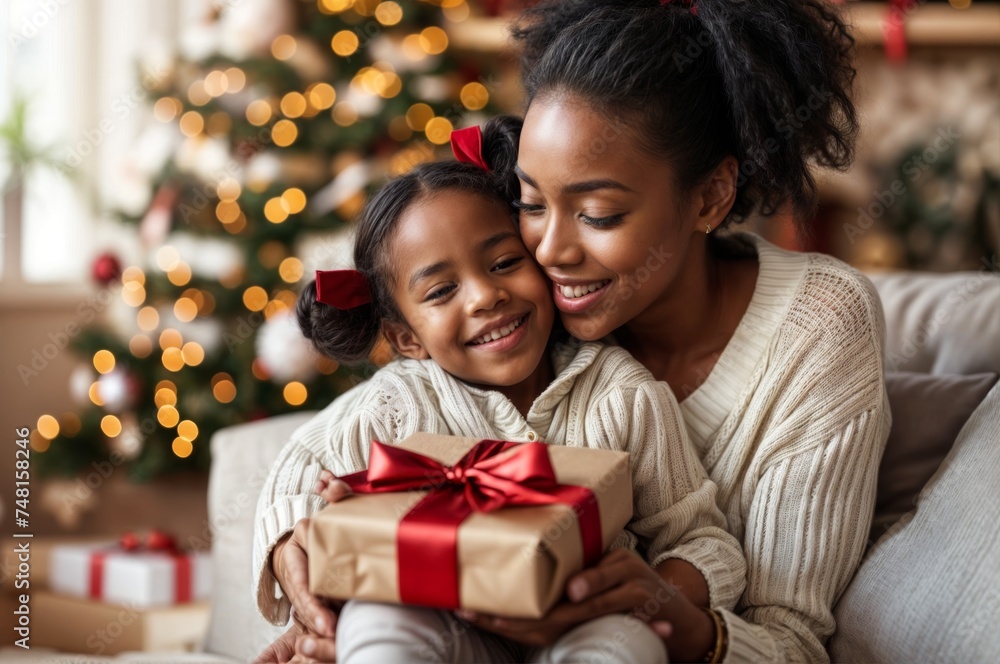 happy african american mother and daughter with gift box at christmas happy african american mother and daughter with gift box at christmas