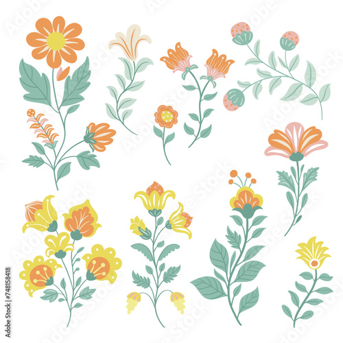 Collection of folk art design elements. Vector illustration with flowers in folk style on a white background. Hand drawn folk flowers. Scandinavian traditional motif