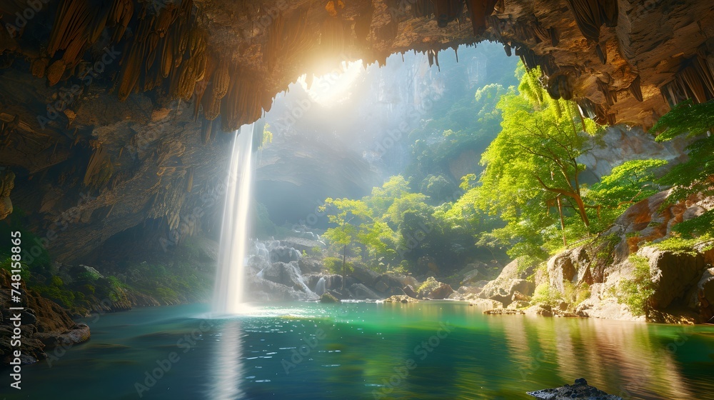 Scenic tropical cave with waterfall and lush green lake panoramic view centered professional photo copy space. Concept Scenic Views, Tropical Cave, Waterfall, Lush Green Lake Scenic tropical cave with waterfall and lush green lake panoramic view centered professional photo copy space. Concept Scenic Views, Tropical Cave, Waterfall, Lush Green Lake
