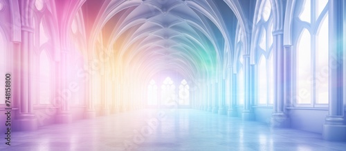This image showcases a grand cathedral with an abstract white and rainbow-colored ceiling made of stained glass. The light filters through the vibrant colors 