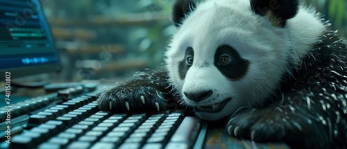 The panda diligently typing on a computer keyboard photo