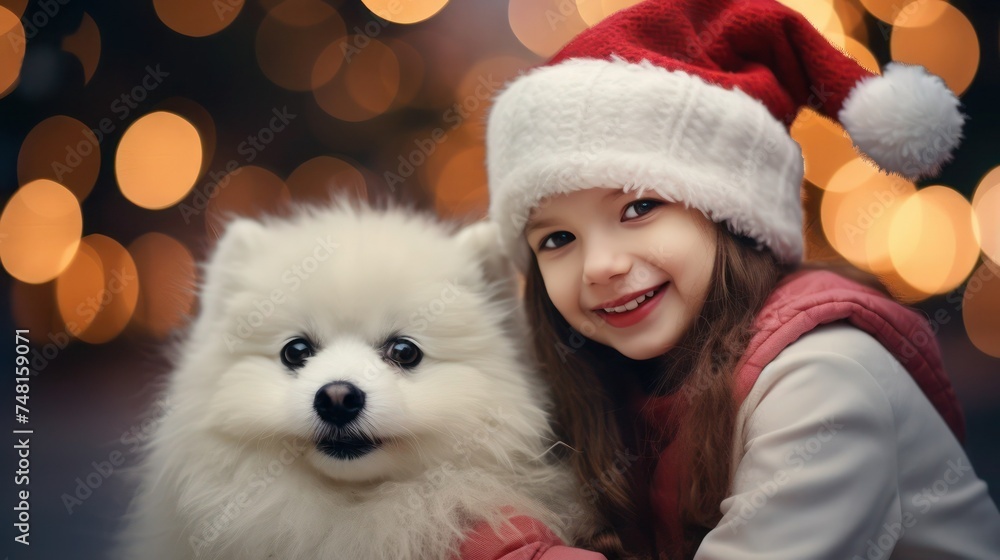 Smiling cute 7 years old girl in Santa hat hugs a white small dog on golden bokeh background, selective focus. Smiling cute 7 years old girl in Santa hat hugs a white small dog on golden bokeh background, selective focus.