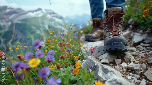 A closeup shot of hiking boots on a narrow mountain path showing the rocky ground and vibrant wildflowers blooming alongside.