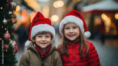 Smiling cute 5-7 years old Caucasian girl and boy in Santa hats in the street outdoor, bokeh background, selective focus.