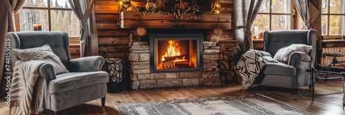 Warm and cozy cabin interior with a roaring fireplace plush armchairs and rustic wooden decor offering a perfect mountain retreat photo
