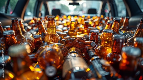 The car is filled with bottles of fresh beer. Lots of drinks prepared for the party.