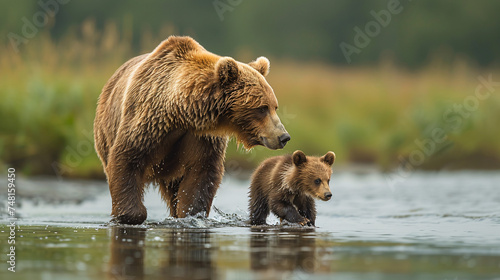 A bear and cub in a tender moment amidst a serene, natural backdrop.
