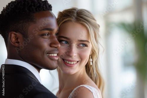 A captivating depiction of intercultural love as an African man and European woman celebrate their unique romance at their diverse wedding, symbolizing love beyond borders. photo