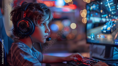 Young boy wearing headphones plays a racing game with strong focus on desktop computer. Concept Technology  Gaming  Childhood  Concentration  Leisure