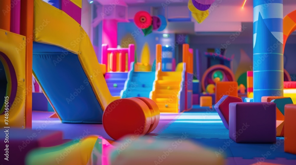 Children's Day. Energetic, colorful, safe play space for kids, offering diverse attractions to support healthy development. Modern design and bright lighting enhance the playful atmosphere