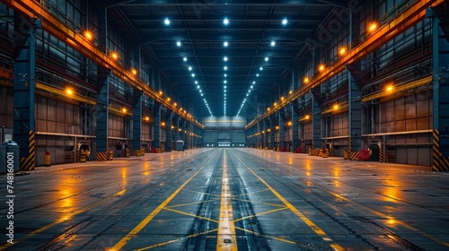 Enter a sprawling industrial warehouse showcasing finalized goods  operating as a gigantic hangar-type area within the industrial setting.