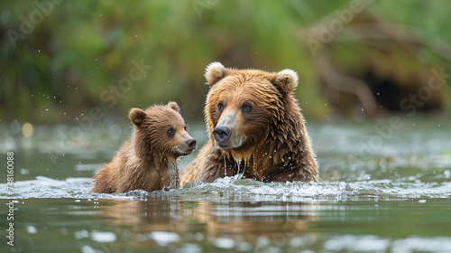 A bear and cub in a tender moment amidst a serene, natural backdrop. photo