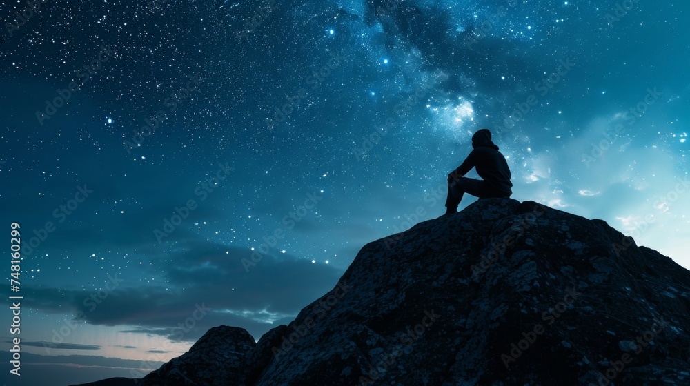A lone figure silhouetted against a starry sky sits on a large boulder at the top of a mountain taking a break from hike to marvel at the constellations above. - obrazy, fototapety, plakaty 