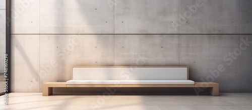 A room with grey concrete walls and a simple wooden bench placed against one wall. The contrast between the industrial wall material and warm wooden bench creates a minimalist aesthetic.