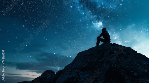 A lone figure silhouetted against a starry sky sits on a large boulder at the top of a mountain taking a break from hike to marvel at the constellations above.