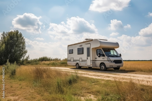Motorhome parked on rural dirt road with trees and fields under a blue sky