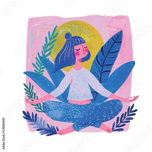 pink and blue pastel colors, minimal details, happy tempera gouache, woman in yoga pose, in the art style