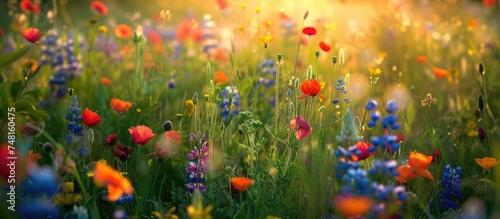 A field filled with a variety of colorful wildflowers and lush green grass, illuminated by the warm summer sun. The vibrant flowers create a stunning display of natural beauty. © 2rogan