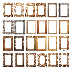 set of frames. mega pack of various frames of different styles, eras and materials. Transparent background PNG. Isolated. Pen tool cutout. Celtic, Victorian, Edwardian, contemporary, modern, ancient