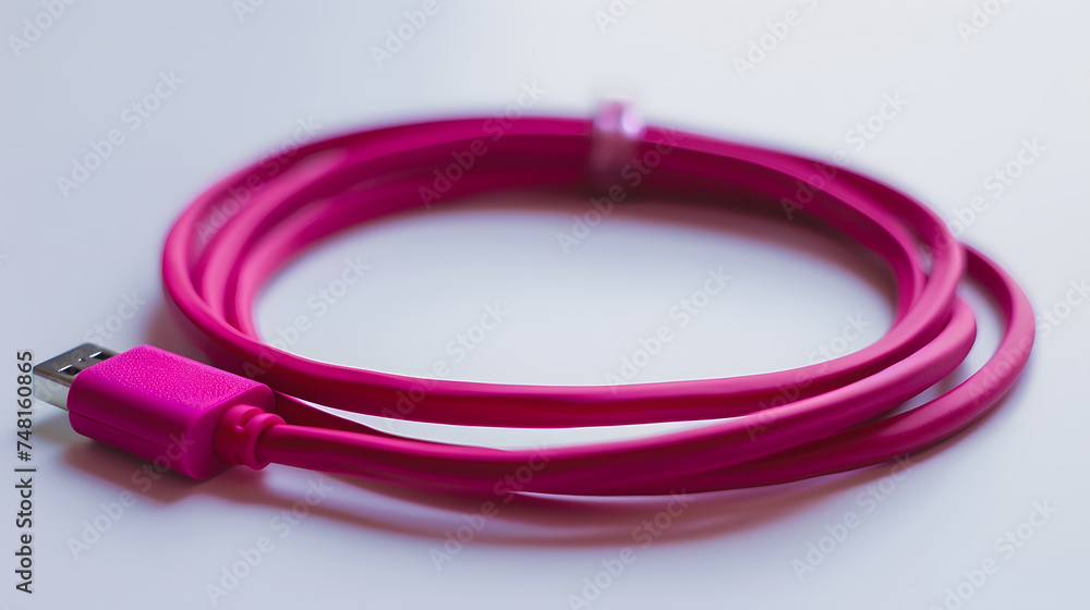 Purple, beautiful braided USB cable. Close-up photo Purple, beautiful braided USB cable. Close-up photo
