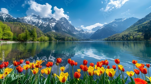 Scenic mountain lake and tulip garden in K resolution seamless background. Concept Nature Photography, Botanical Beauty, High-Resolution Backgrounds, Landscape Art, Vibrant Floral Displays #748160845