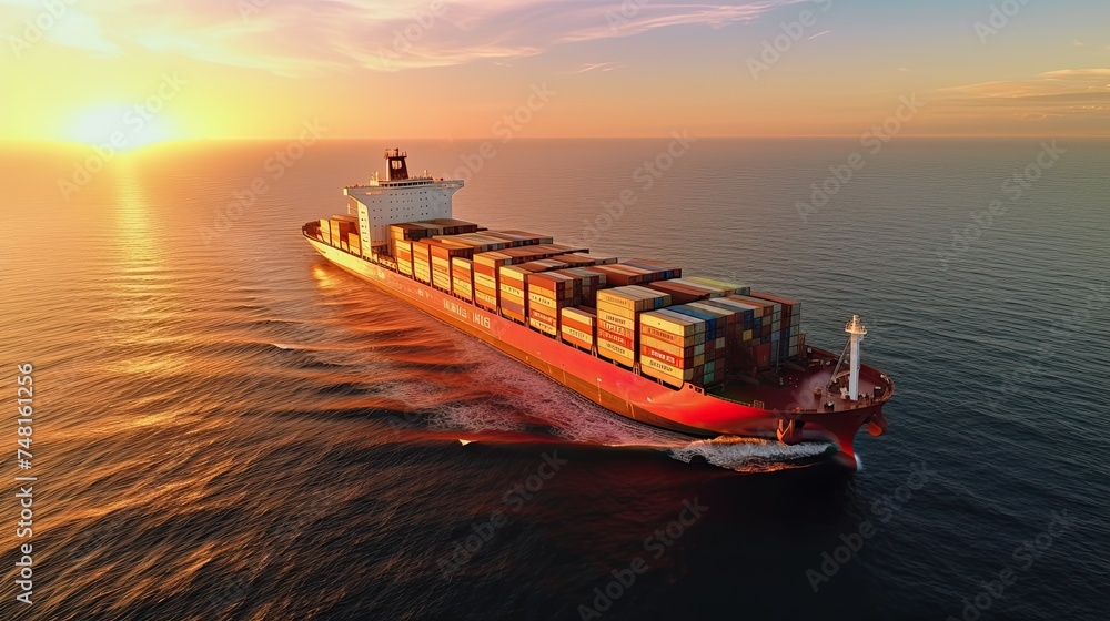 Container ships, business logistics import and export freight transportation by container ship in the harbor in the ocean at sunset sky background, cargo transportation industry concept, - obrazy, fototapety, plakaty 