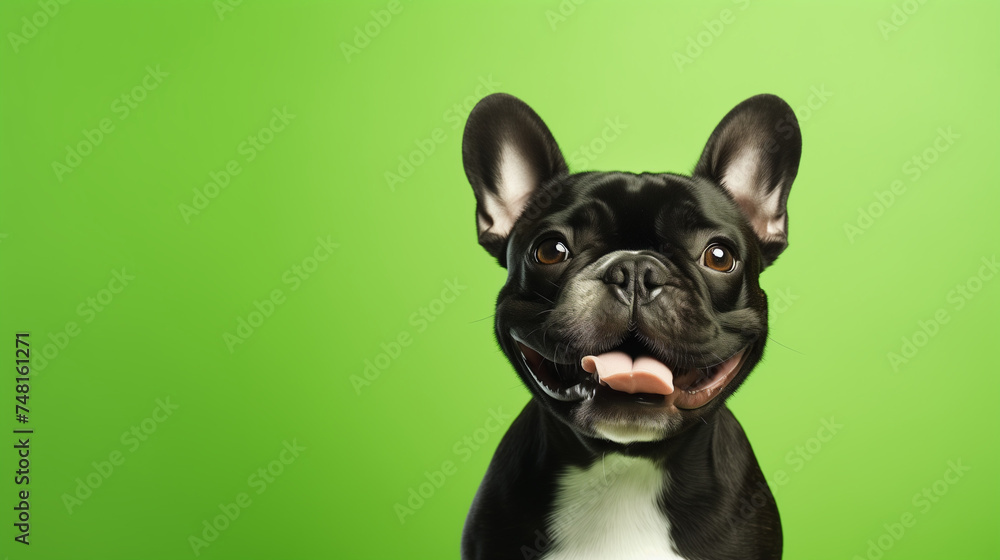 Happy French Bulldog Dog - Green Background with Space for Text. Ideal for Pet-Themed Projects