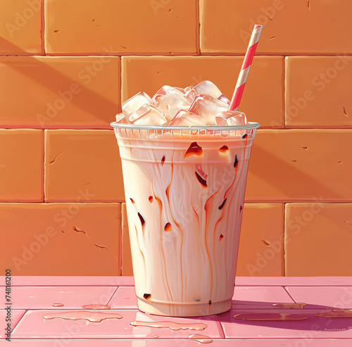 A creamy iced coffee with ice cubes and a straw against a brick wall. photo