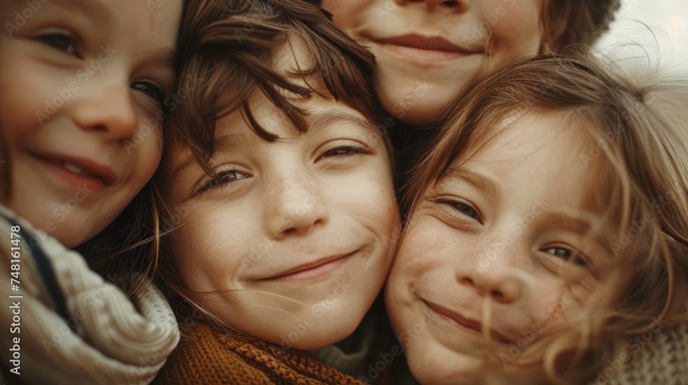 Close-up of smiling kids embraced by adults, celebrating Child Protection Day in the warmth of natural light