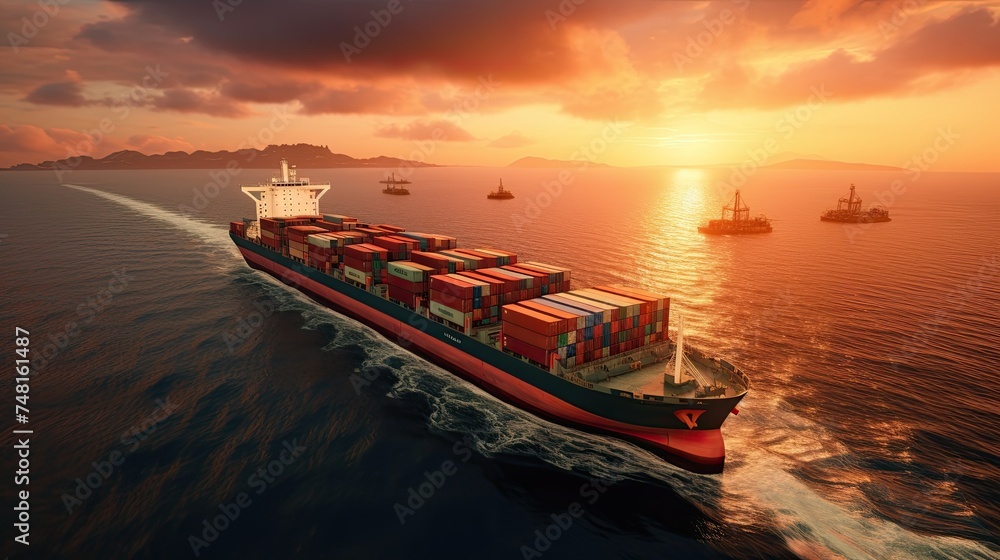 Container ships, business logistics import and export freight transportation by container ship in the harbor in the ocean at sunset sky background, cargo transportation industry concept,