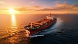 Container ships, business logistics import and export freight transportation by container ship in the harbor in the ocean at sunset sky background, cargo transportation industry concept,