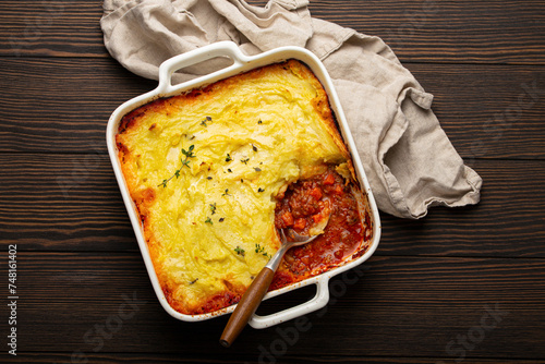 Shepherds pie casserole with minced meat and mashed potatoes photo