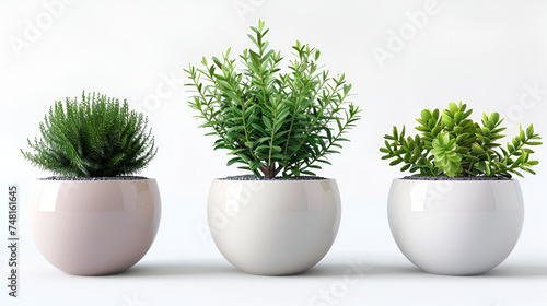  ornamental plants in minimalist pot as houseplant for home decoration isolated on white background Pots with thyme, mint and rosemary 3d illustration of set flower vase décor.