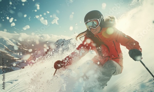 A woman skier carving on the snow. Low angle view