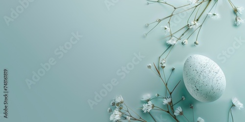 Tranquil Easter setting featuring a speckled egg amidst delicate white blossom on a soft teal background  copy space  banner