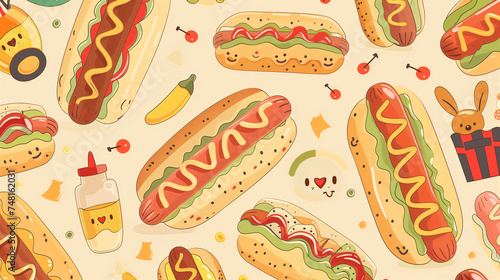 A cute background filled with hand-drawn hot dogs portrayed in whimsical and delightful scenes.  