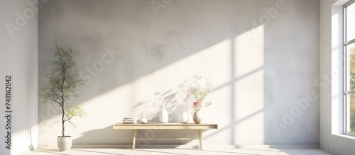 A white room filled with natural sunlight features a simple wooden table with a potted plant placed on top. The minimalist decor enhances the bright and airy atmosphere of the space.