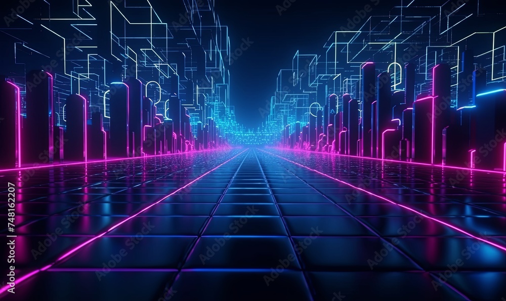Neon road tiles in virtual cyber city background. Purple 3d dark digital abstract metropolis with straight glowing highway