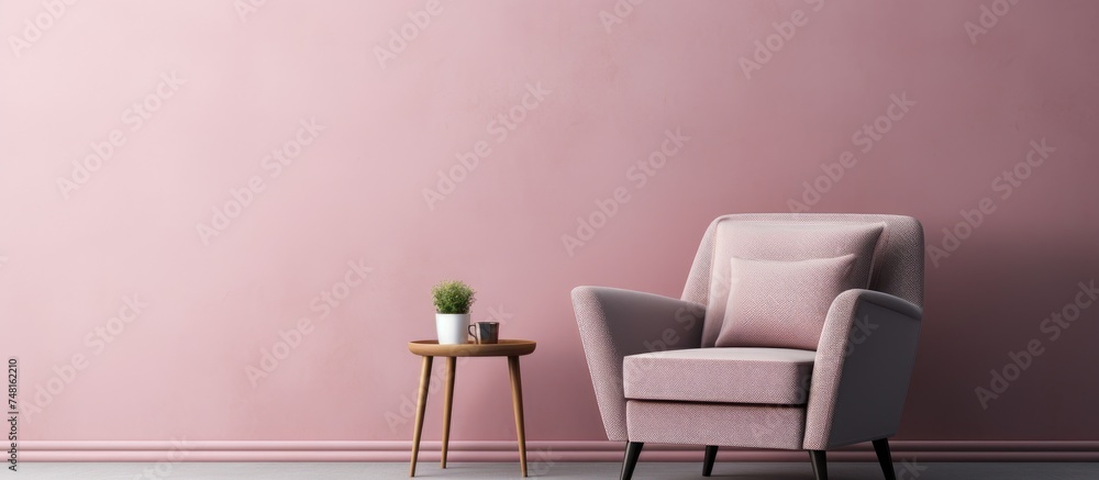 A single armchair and coffee table are placed against a pink wall in a rosy brown interior room. The room is devoid of people, offering a simplistic and modern aesthetic with a focus on minimalism.