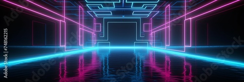 Digital neon water road with geometric lines background. Purple blank dark 3d sea highway with laser and reflection for dynamic competition and movement
