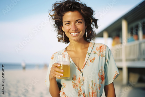 Woman with cocktail on beach in summer. Sunbathe, relax, vacation, travel, resort. International Women's Day.