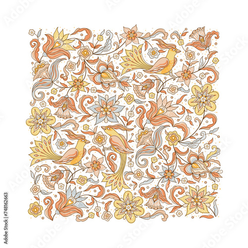 Vector floral pattern with birds, vignette, border, card design template. Square element in Oriental style. Ornate decoration, floral illustration. Arabic ornament. Isolated ornamental background