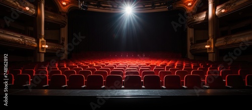 An empty theater with rows of red seats and a bright spotlight shining down on the stage. The ambiance is quiet and still, waiting for the next performance to start.