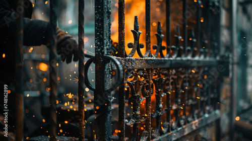 A close-up of a skilled blacksmith forging a beautiful and ornate metal gate in a workshop realistic stock photography