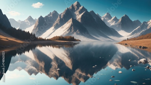 A crystal-clear mountain lake reflecting the surrounding scenery